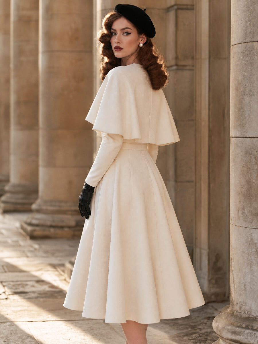 Retro Cream White Cape-Overlay Midi Dress