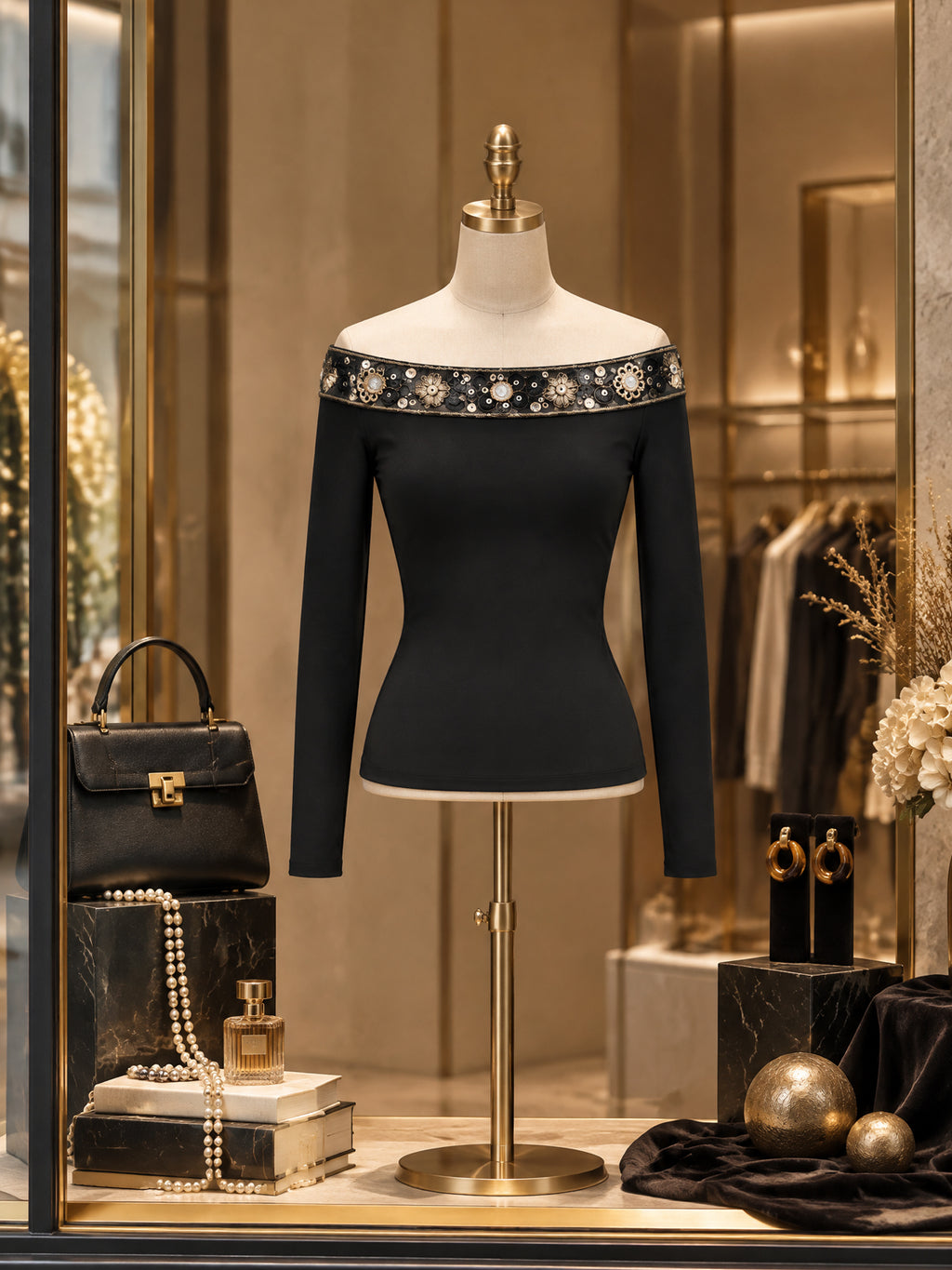 Vintage Embellished Off-Shoulder Long Sleeve T-shirt