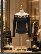 Vintage Embellished Off-Shoulder Long Sleeve T-shirt
