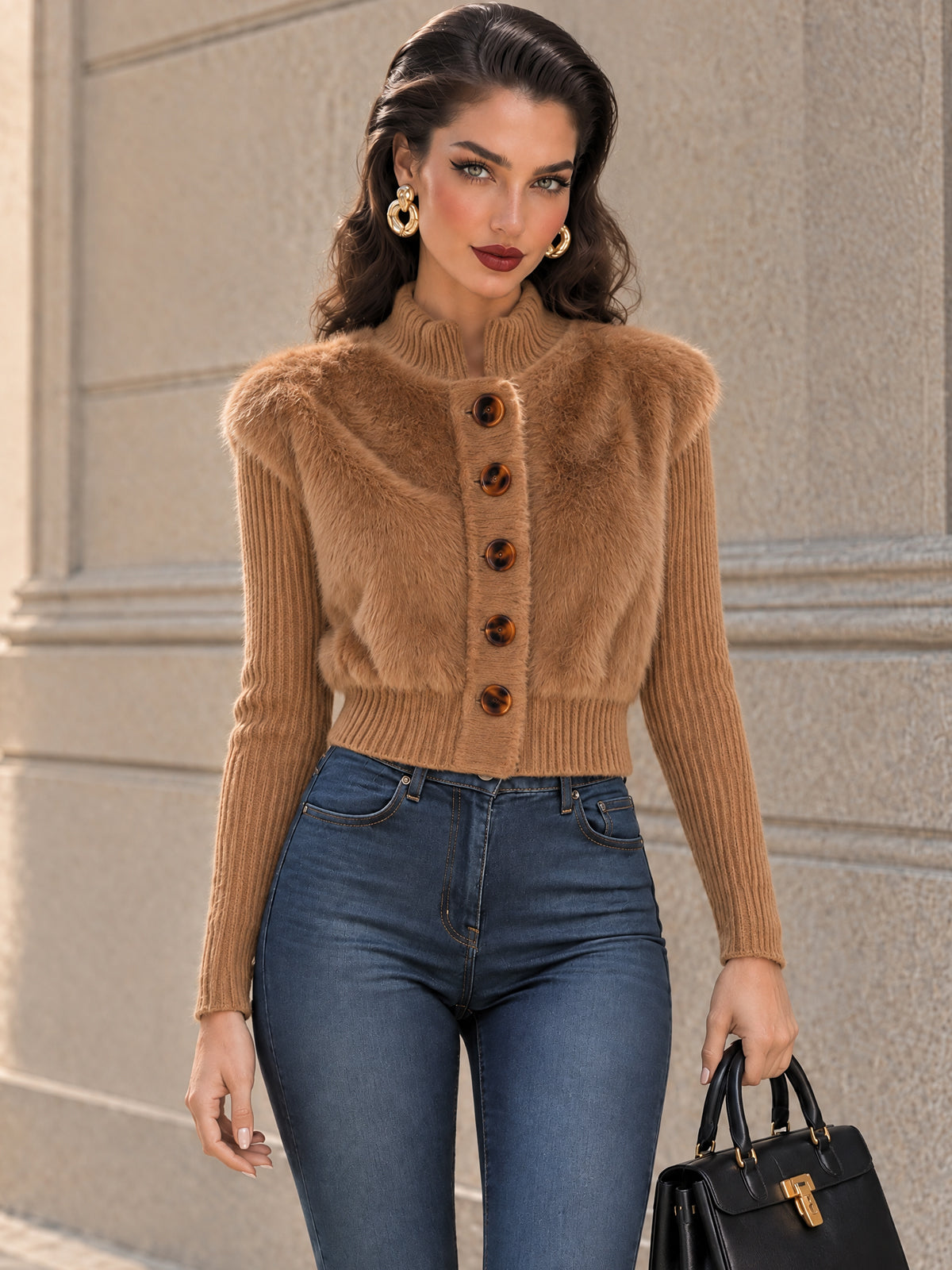 Vintage Faux Fur Ribbed Knit Jacket