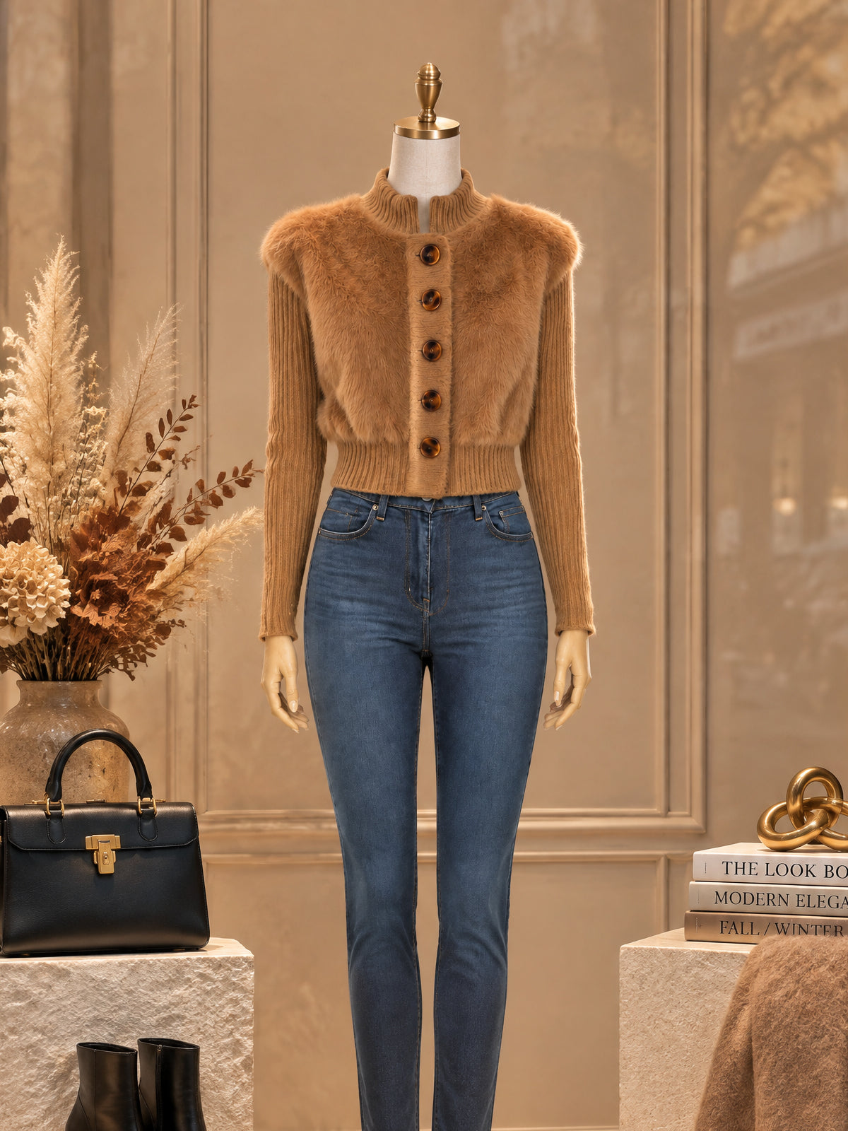 Vintage Faux Fur Ribbed Knit Jacket