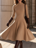 Vintage Camel Mock Neck Asymmetric Button Long Sleeve Midi Dress