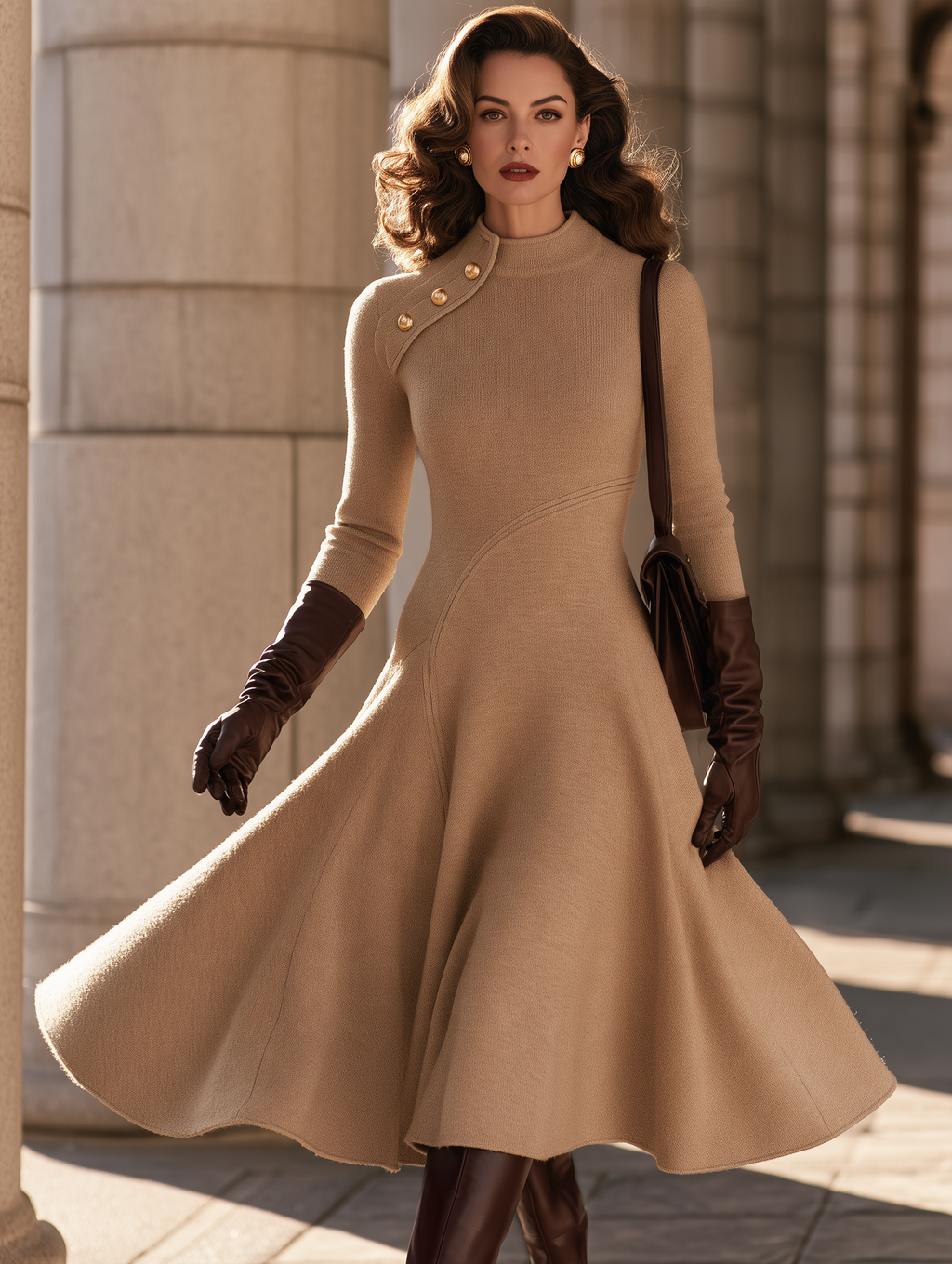 Vintage Camel Mock Neck Asymmetric Button Long Sleeve Midi Dress