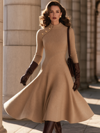 Vintage Camel Mock Neck Asymmetric Button Long Sleeve Midi Dress