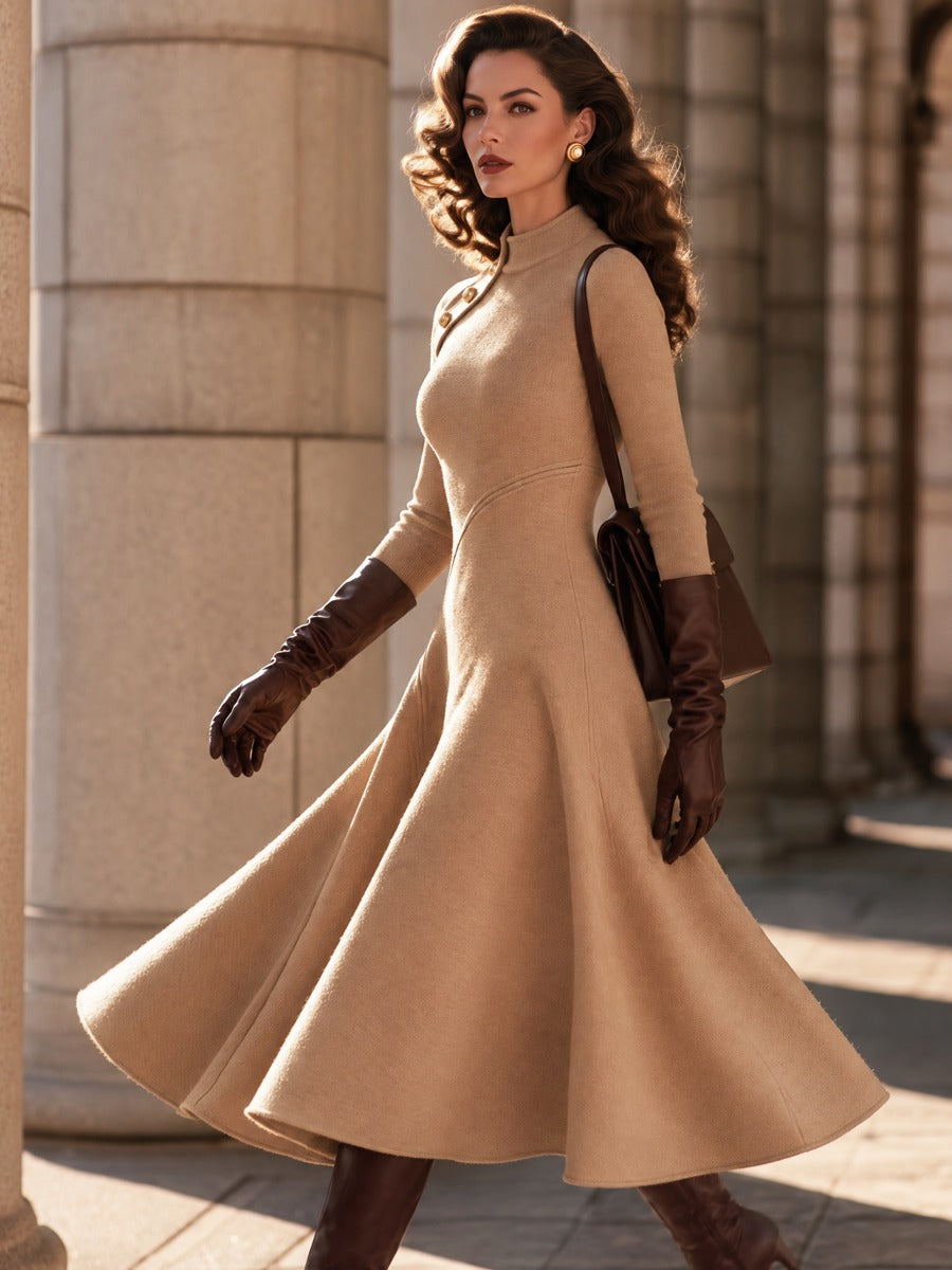 Vintage Camel Mock Neck Asymmetric Button Long Sleeve Midi Dress