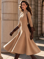 Vintage Camel Mock Neck Asymmetric Button Long Sleeve Midi Dress