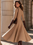 Vintage Camel Mock Neck Asymmetric Button Long Sleeve Midi Dress