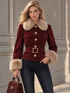Vintage Faux Fur Collar Belted Jacket