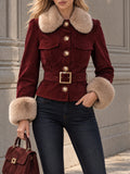 Vintage Faux Fur Collar Belted Jacket