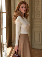 Vintage Gold Buttons Ribbed Knit Long-Sleeve Top