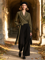 Vintage Olive Green Wrap Top with Black Piping Shawl Collar Tie-Waist Blouse