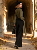 Vintage Olive Green Wrap Top with Black Piping Shawl Collar Tie-Waist Blouse
