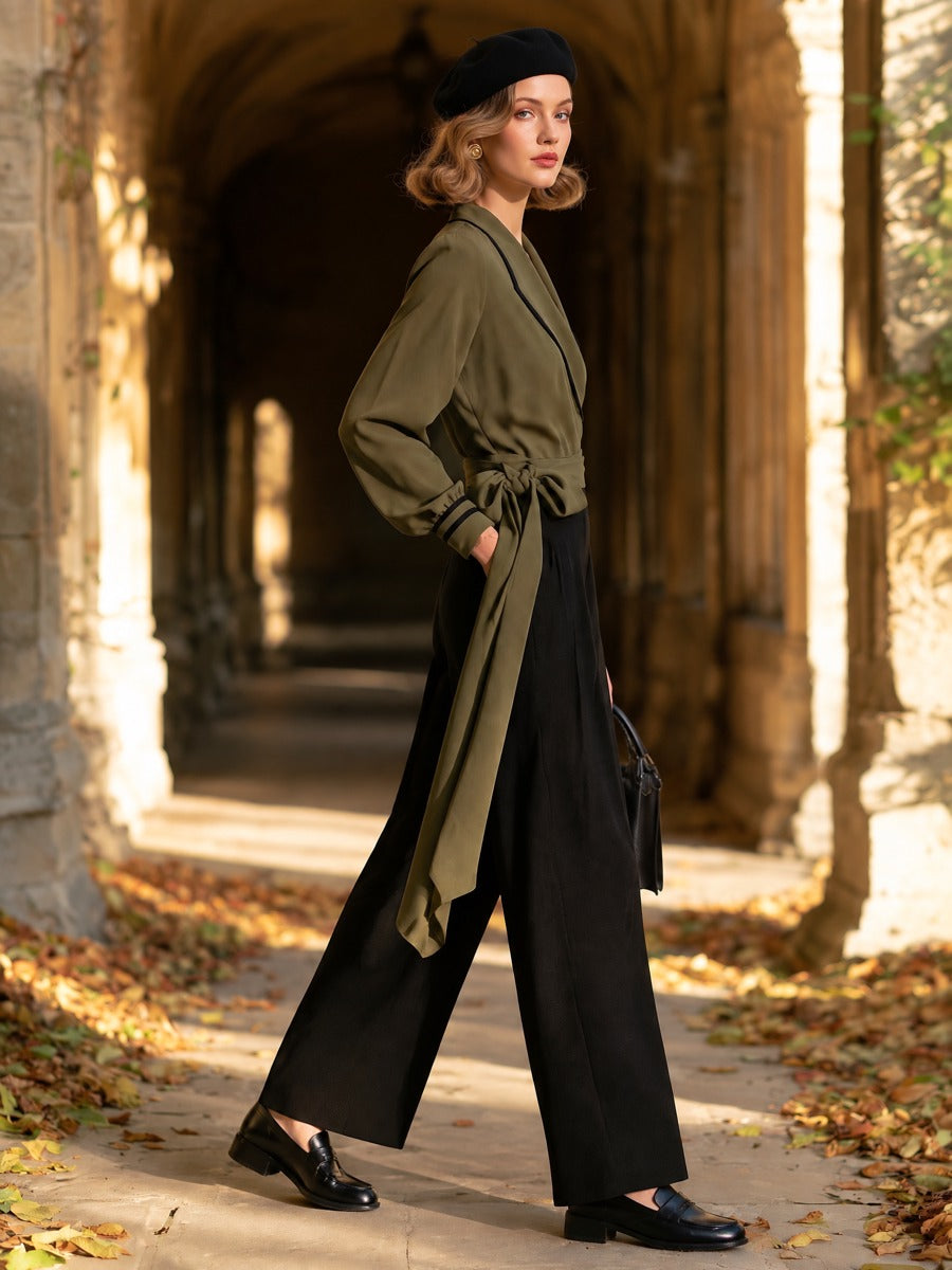 Vintage Olive Green Wrap Top with Black Piping Shawl Collar Tie-Waist Blouse