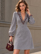Vintage Faux Suede Ruffle V-Neck Mini Dress