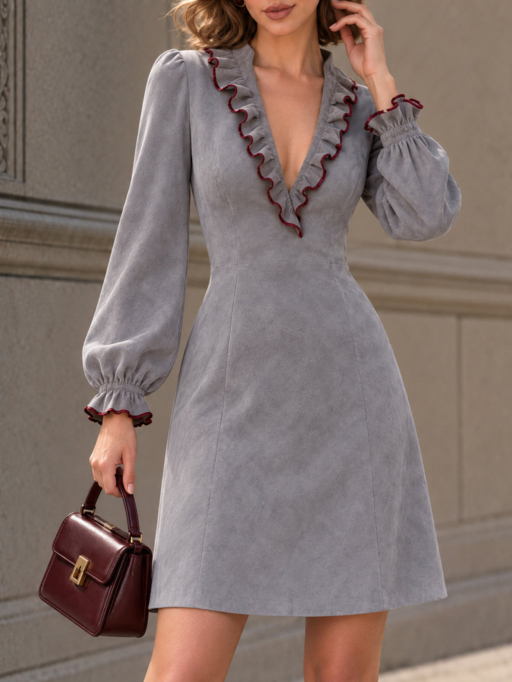 Vintage Faux Suede Ruffle V-Neck Mini Dress