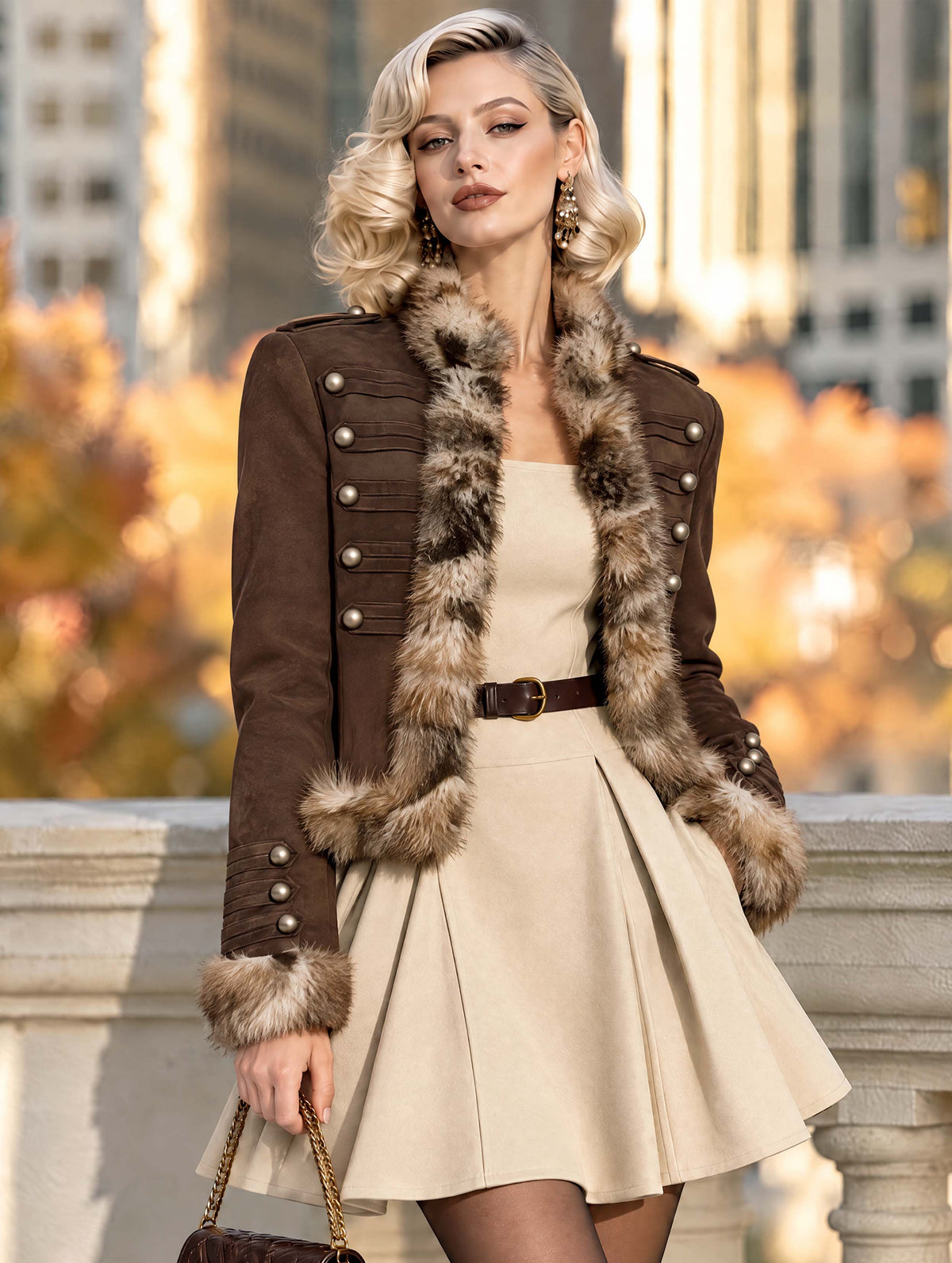 Vintage Mixed Faux Fur Trim Military Jacket