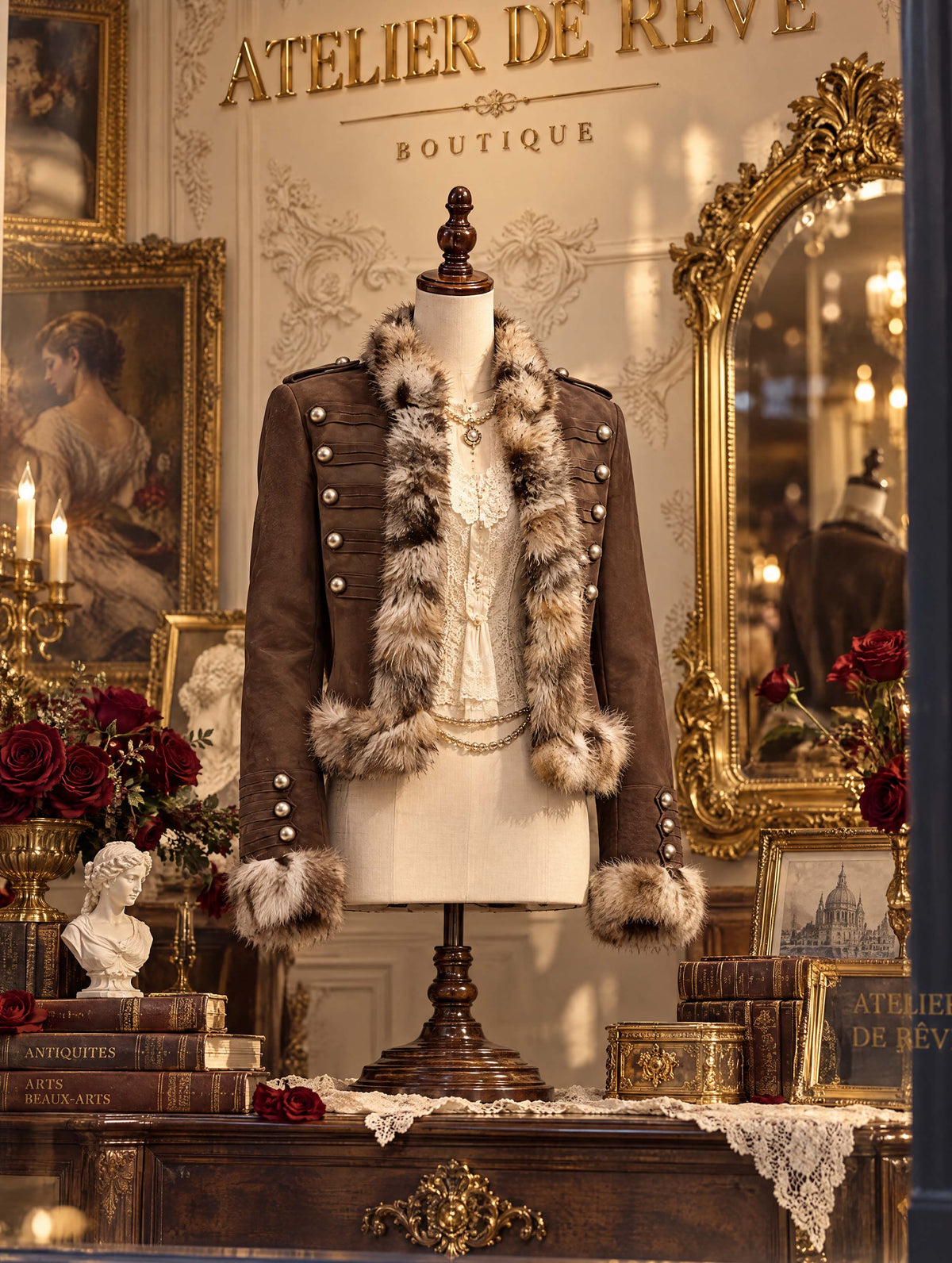 Vintage Mixed Faux Fur Trim Military Jacket