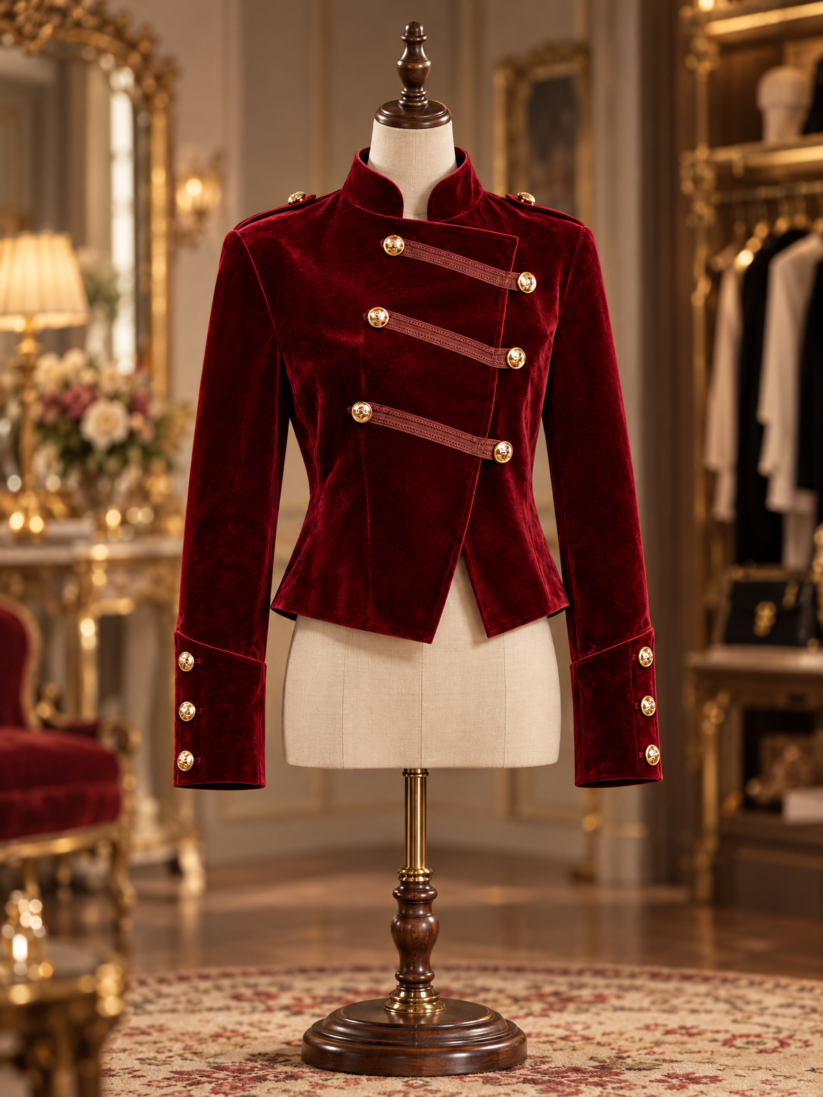 Vintage Burgundy Velvet Napoleon Military Stand Collar Gold Button Fitted Cropped Jacket
