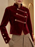 Vintage Burgundy Velvet Napoleon Military Stand Collar Gold Button Fitted Cropped Jacket