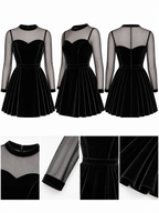 Vintage Black Velvet Heart Neck Sheer Mesh Long Sleeve Fit And Flare Mini Dress