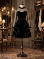 Vintage Black Velvet Heart Neck Sheer Mesh Long Sleeve Fit And Flare Mini Dress