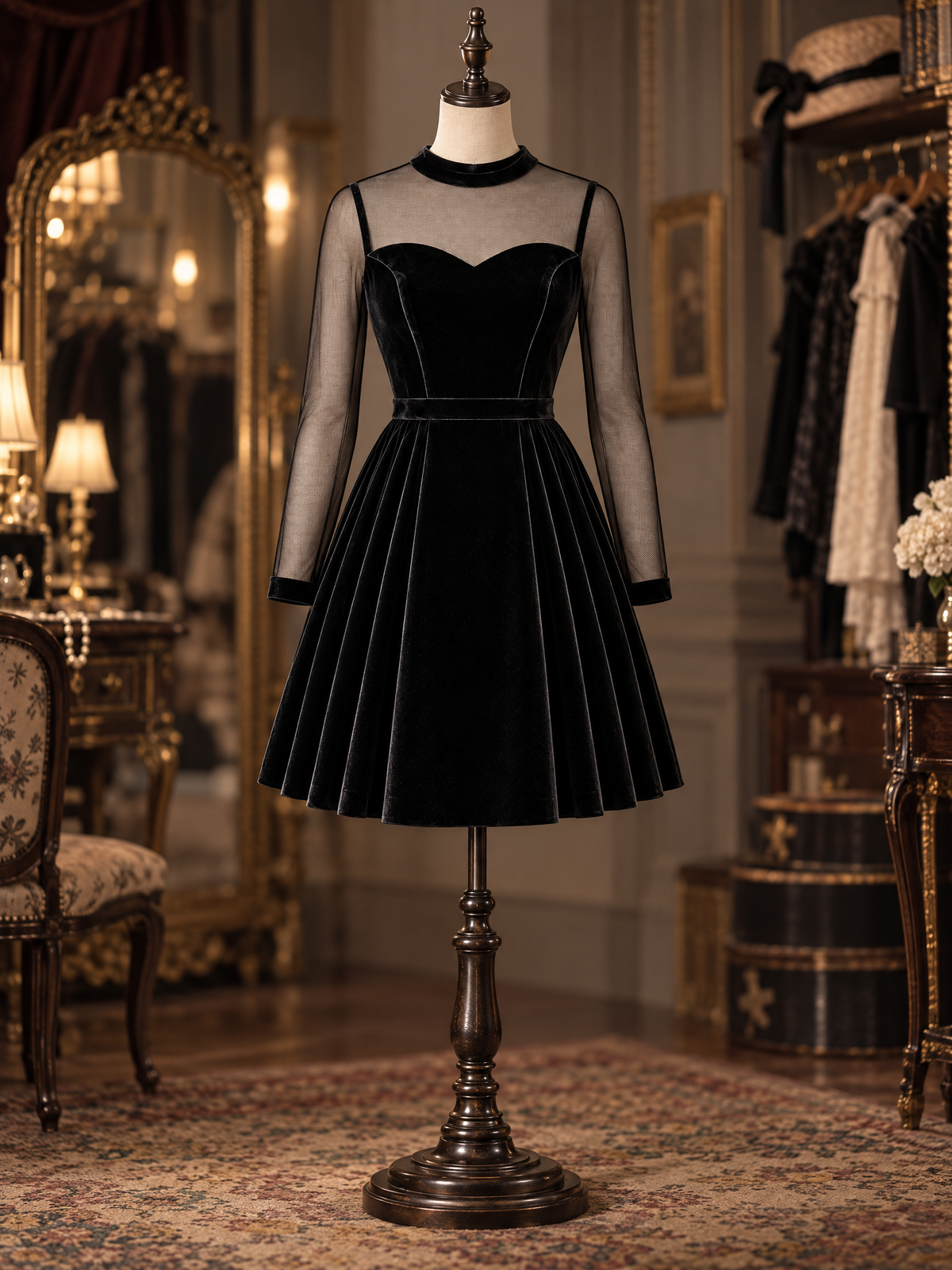 Vintage Black Velvet Heart Neck Sheer Mesh Long Sleeve Fit And Flare Mini Dress