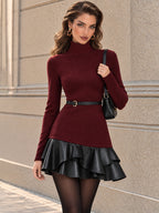 Vintage Belted Faux Leather Ruffle Mini Dress