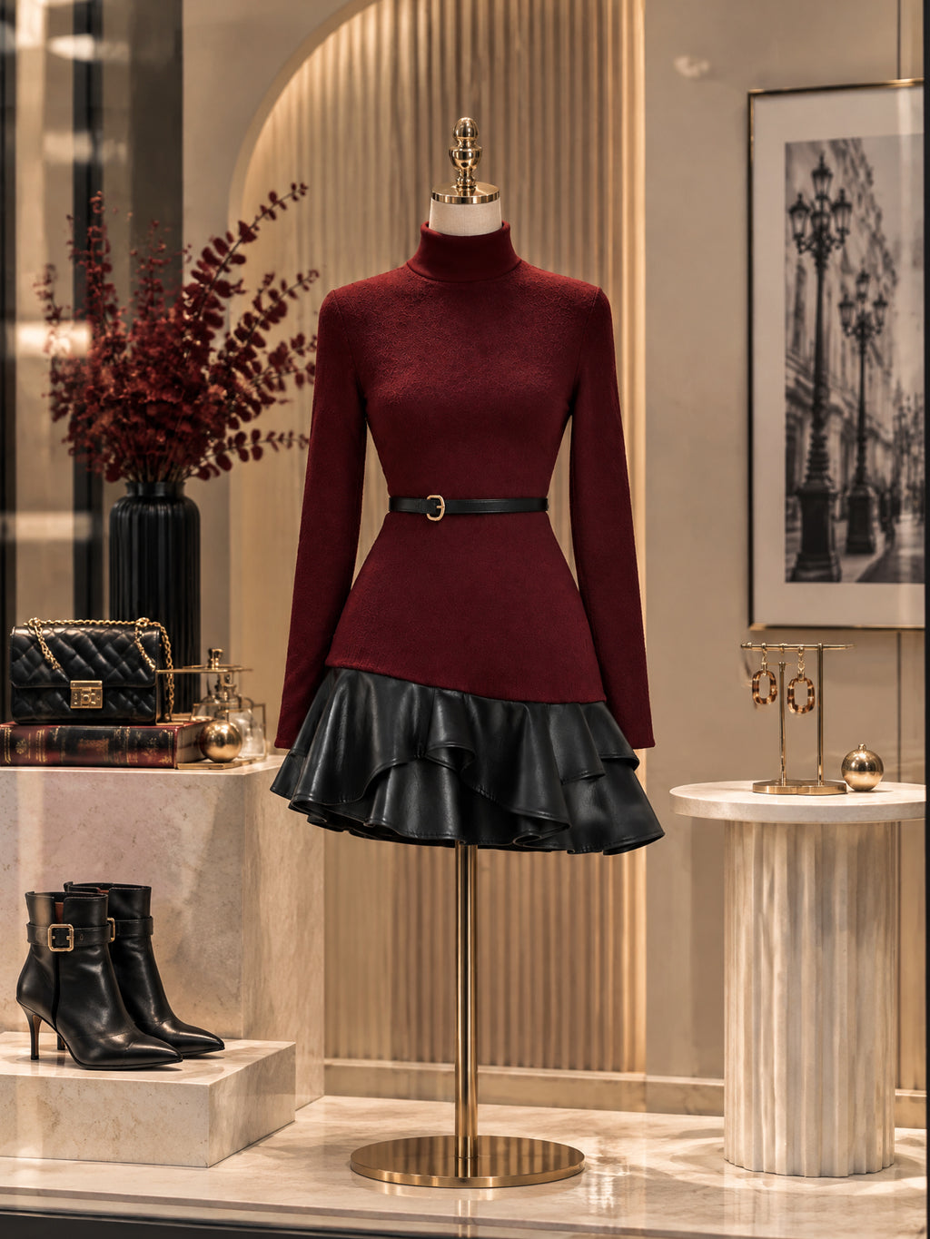 Vintage Belted Faux Leather Ruffle Mini Dress