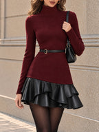Vintage Belted Faux Leather Ruffle Mini Dress