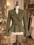 Vintage Olive Faux Suede Belted Peplum Stand Collar Fitted Jacket