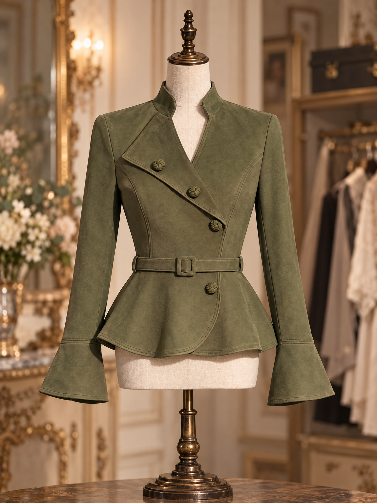 Vintage Olive Faux Suede Belted Peplum Stand Collar Fitted Jacket