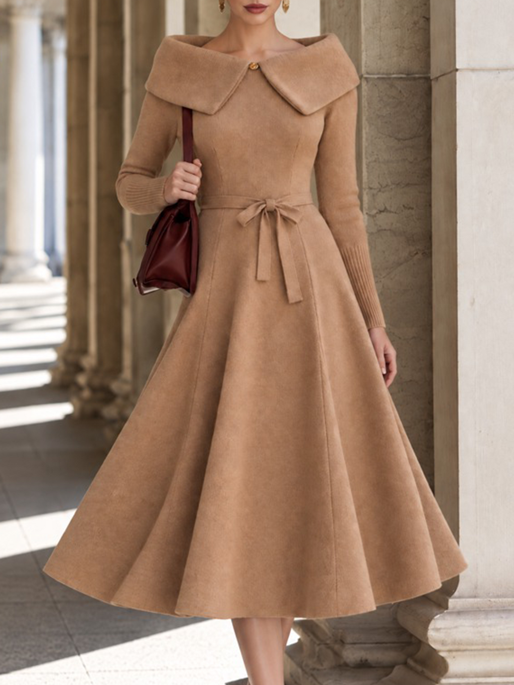 Vintage Camel Off-Shoulder Fold Collar Long Sleeve Knit A-Line Midi Dress