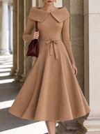 Vintage Camel Off-Shoulder Fold Collar Long Sleeve Knit A-Line Midi Dress