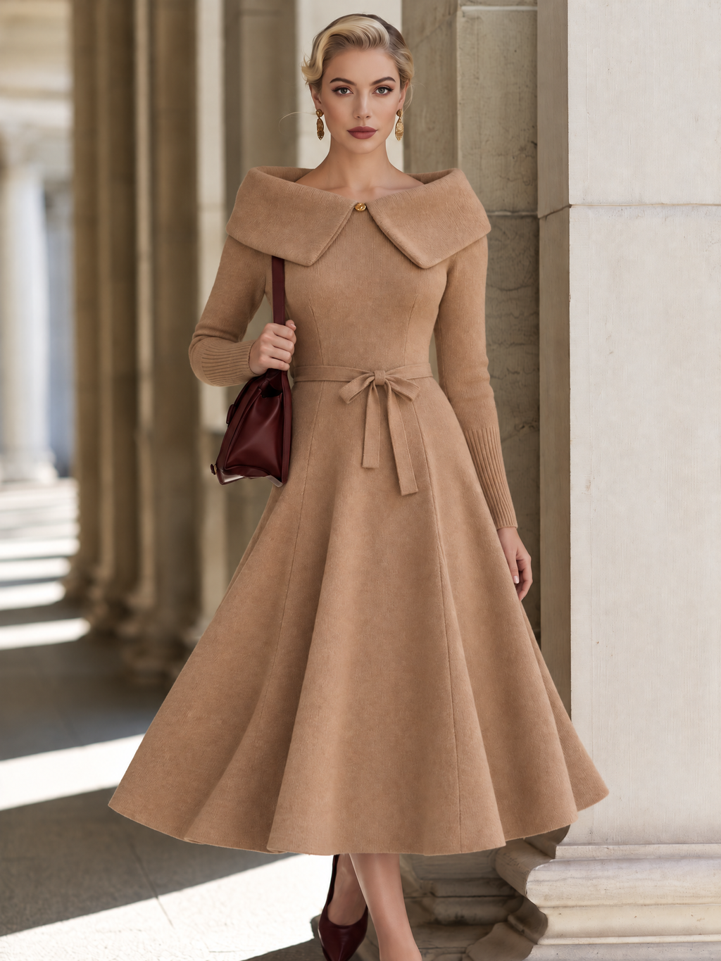 Vintage Camel Off-Shoulder Fold Collar Long Sleeve Knit A-Line Midi Dress