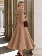 Vintage Camel Off-Shoulder Fold Collar Long Sleeve Knit A-Line Midi Dress