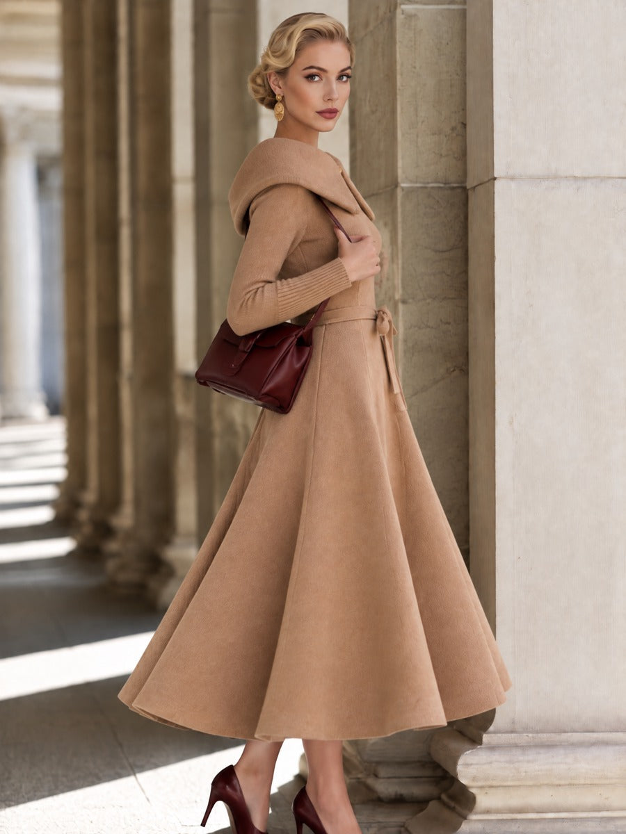 Vintage Camel Off-Shoulder Fold Collar Long Sleeve Knit A-Line Midi Dress