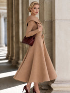 Vintage Camel Off-Shoulder Fold Collar Long Sleeve Knit A-Line Midi Dress