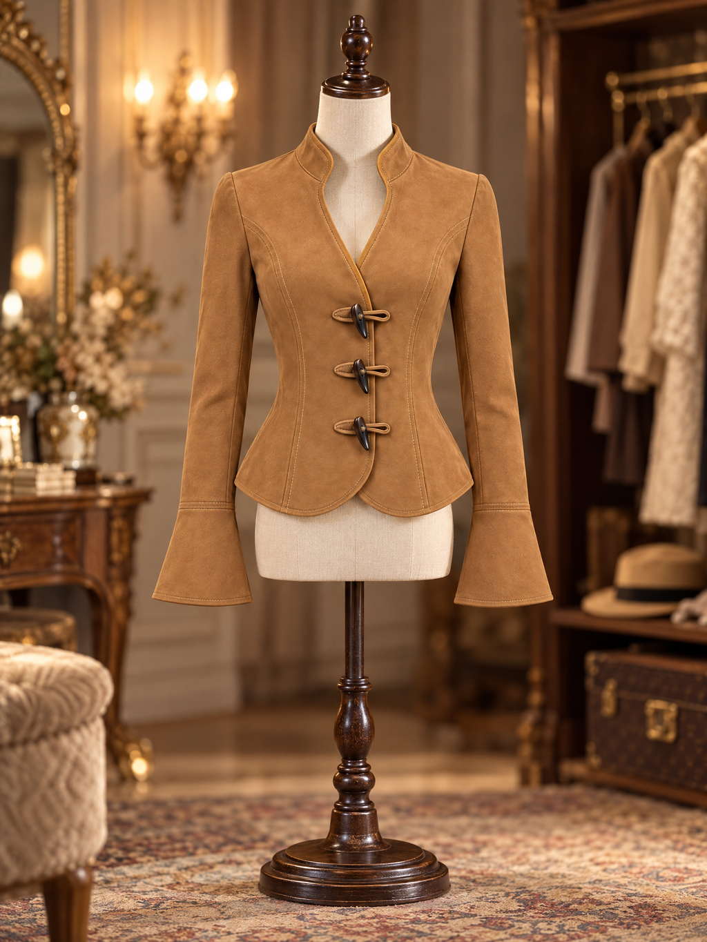 Vintage Camel Faux Suede Stand Collar Horn Toggle Flared Sleeve Fitted Jacket