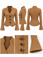 Vintage Camel Faux Suede Stand Collar Horn Toggle Flared Sleeve Fitted Jacket