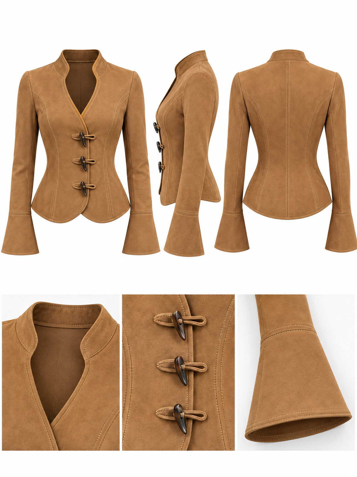 Vintage Camel Faux Suede Stand Collar Horn Toggle Flared Sleeve Fitted Jacket