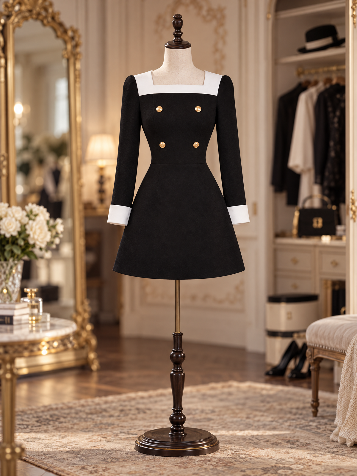 Vintage Black Contrast White Trim Square Neck Gold Button Long Sleeve Mini Dress