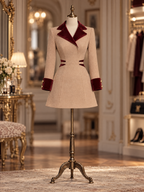 Vintage Camel Wool Blend Burgundy Velvet Lapel Contrast Trim Fit And Flare Mini Dress