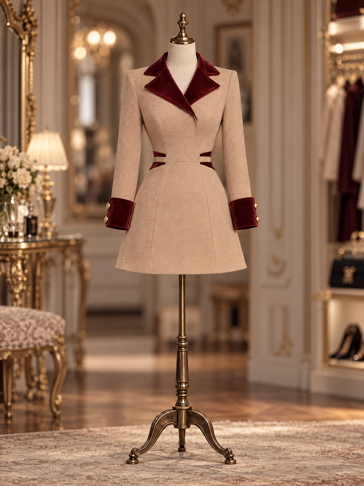 Vintage Camel Wool Blend Burgundy Velvet Lapel Contrast Trim Fit And Flare Mini Dress