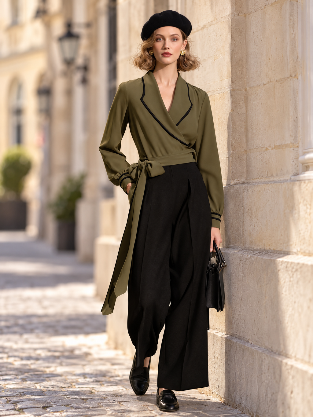 Vintage Olive Green Wrap Top with Black Piping Shawl Collar Tie-Waist Blouse