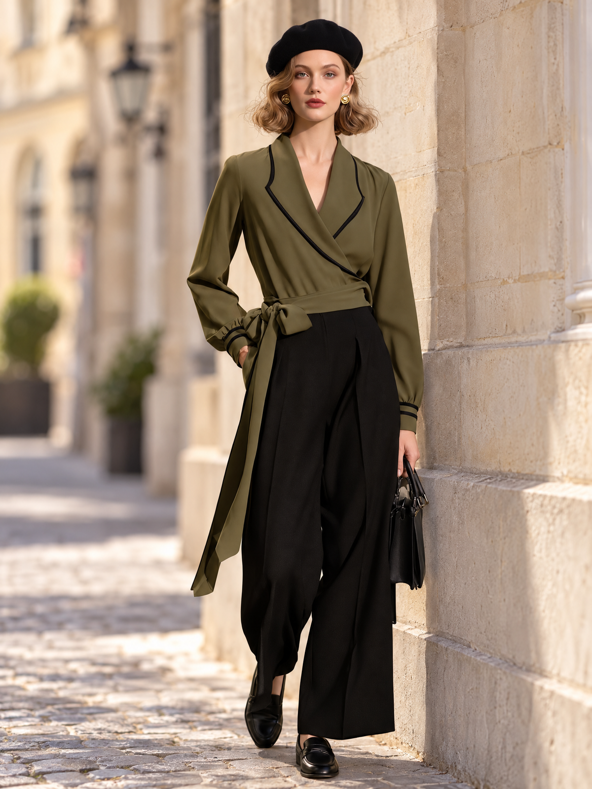 Vintage Olive Green Wrap Top with Black Piping Shawl Collar Tie-Waist Blouse