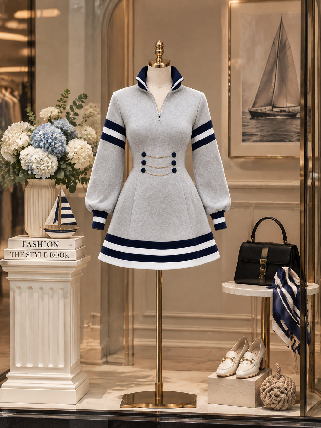 Vintage Nautical Zip Neck Mini Dress
