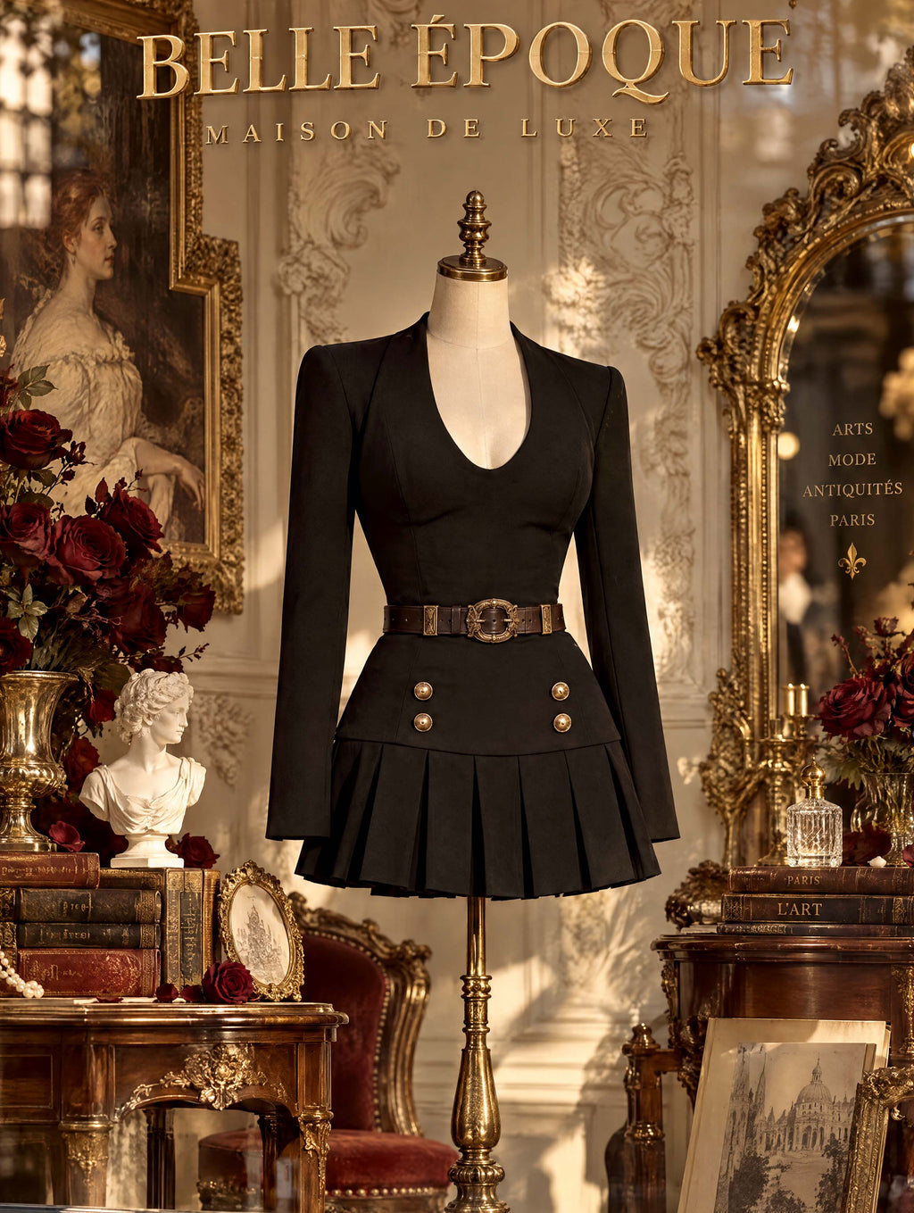 Vintage U-Neck Belted Pleated Blazer Mini Dress
