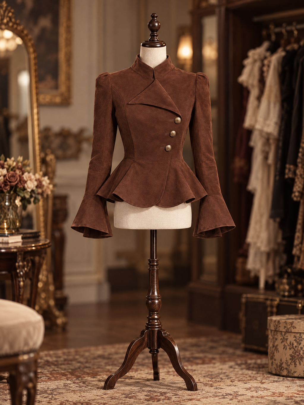Vintage Faux Suede Peplum Flare Sleeve Gold Button Jacket