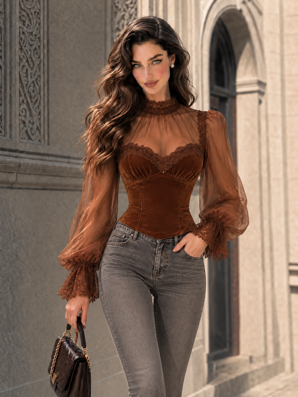 Vintage Velvet Organza Spliced Lace Trim Blouse