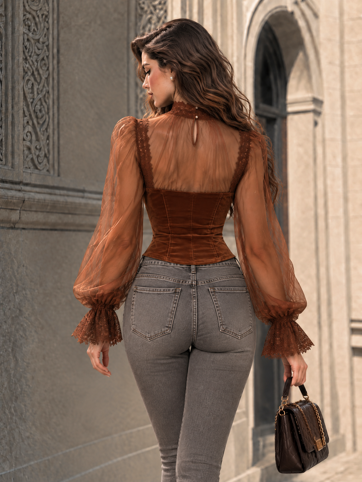 Vintage Velvet Organza Spliced Lace Trim Blouse
